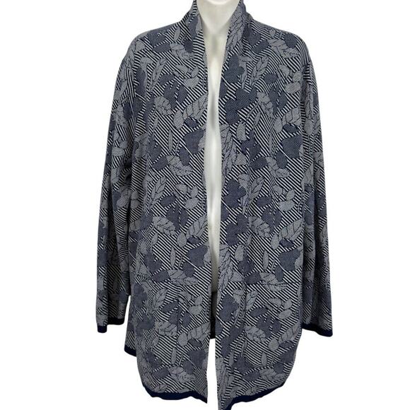 Lands End Womens Navy Blue Open Cardigan Longline Sweater Floral Stripes sz 1X - Picture 1 of 16